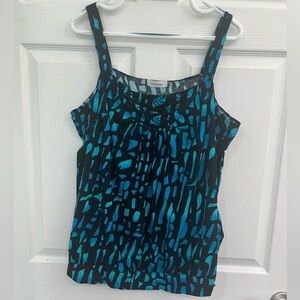 Calvin Klein Blue Teal Black Beaded Women's Plus Blouson Cotton Blouse Tank Cami